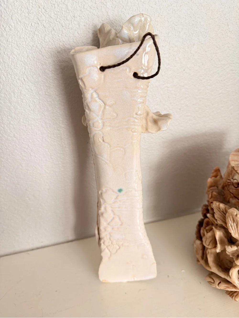 Vintage Ceramic Floral Wall Pocket Vase Cream Glazed Handmade Style